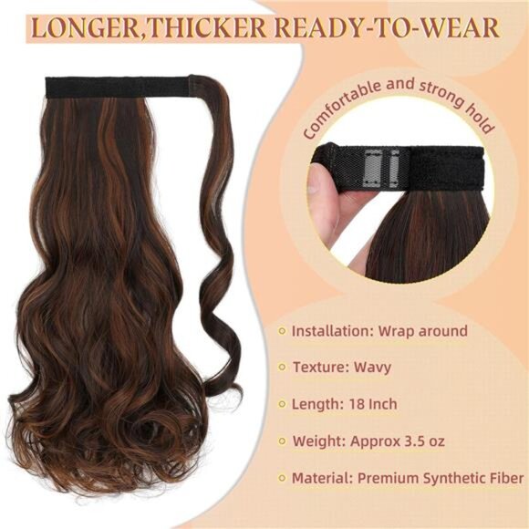 18" Ponytail Extension Curly Wavy Clip Light Auburn Mix Dark Brown - Picture 1 of 6